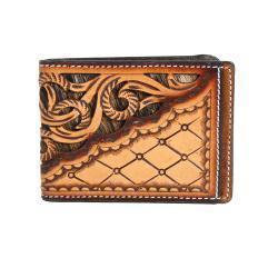 3D Calf Hair Inlay Tooled Overlay Bi-Fold Spring Money Clip/Card Wallet - Tan