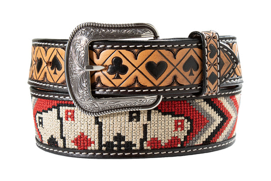 3D 1-3/4"- 1 1/2" Aces Embroidered Belt - Red