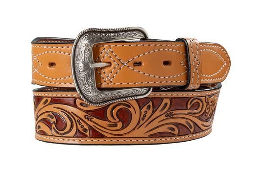 3D 1-3/4" - 1-1/2" Boot Stitch Billet Floral Tooled Belt - Tan