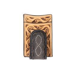 3D Hand tooled Floral Buck Lace Money Clip/Card Wallet - Black/Brown