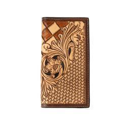 3D Hand Tooled Floral Basket Weave Rodeo Wallet - Tan