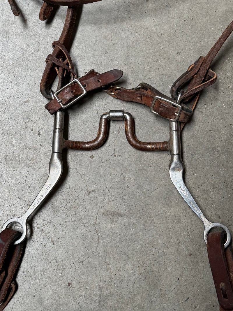 Load image into Gallery viewer, Used Bridle Set - Futurity Browband, USA Mylers Medium Wide Ported Barrel Bit, Split Reins
