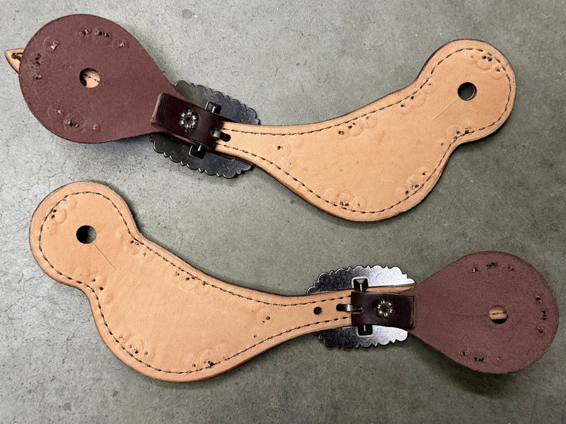 Load image into Gallery viewer, Custom Feather Overlay &amp; Copper Dots Spur Straps
