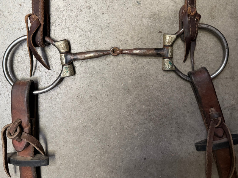Load image into Gallery viewer, Used Bridle Set - Clinton Anderson Browband, Silver Overlay Dee Ring Smooth Snaffle Bit, Split Reins with Rein Stops
