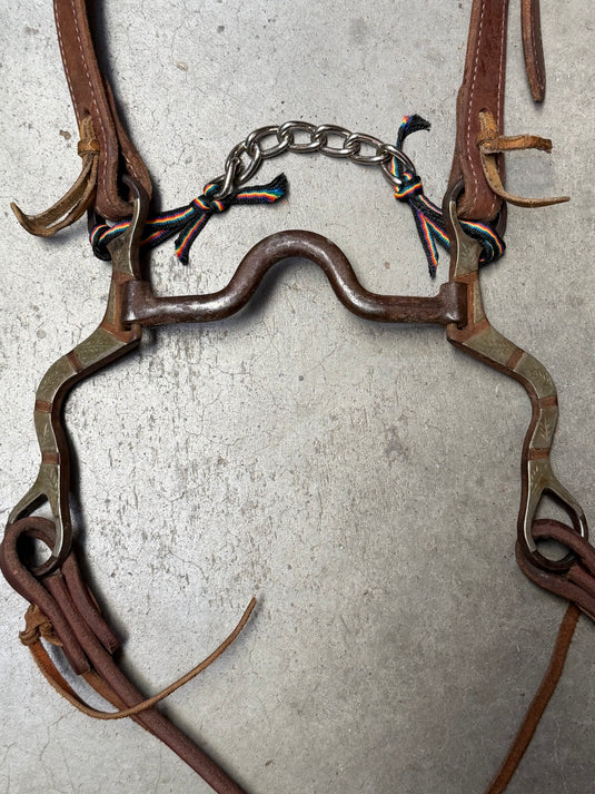 Used Slit Ear Headstall, W.J. Swerczek Bit, Cowperson Tack Weighted End Split Reins