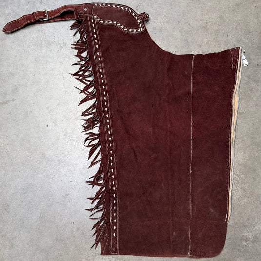 Used Chocolate Leather Show Chaps - Cream Buckstitch Inlay