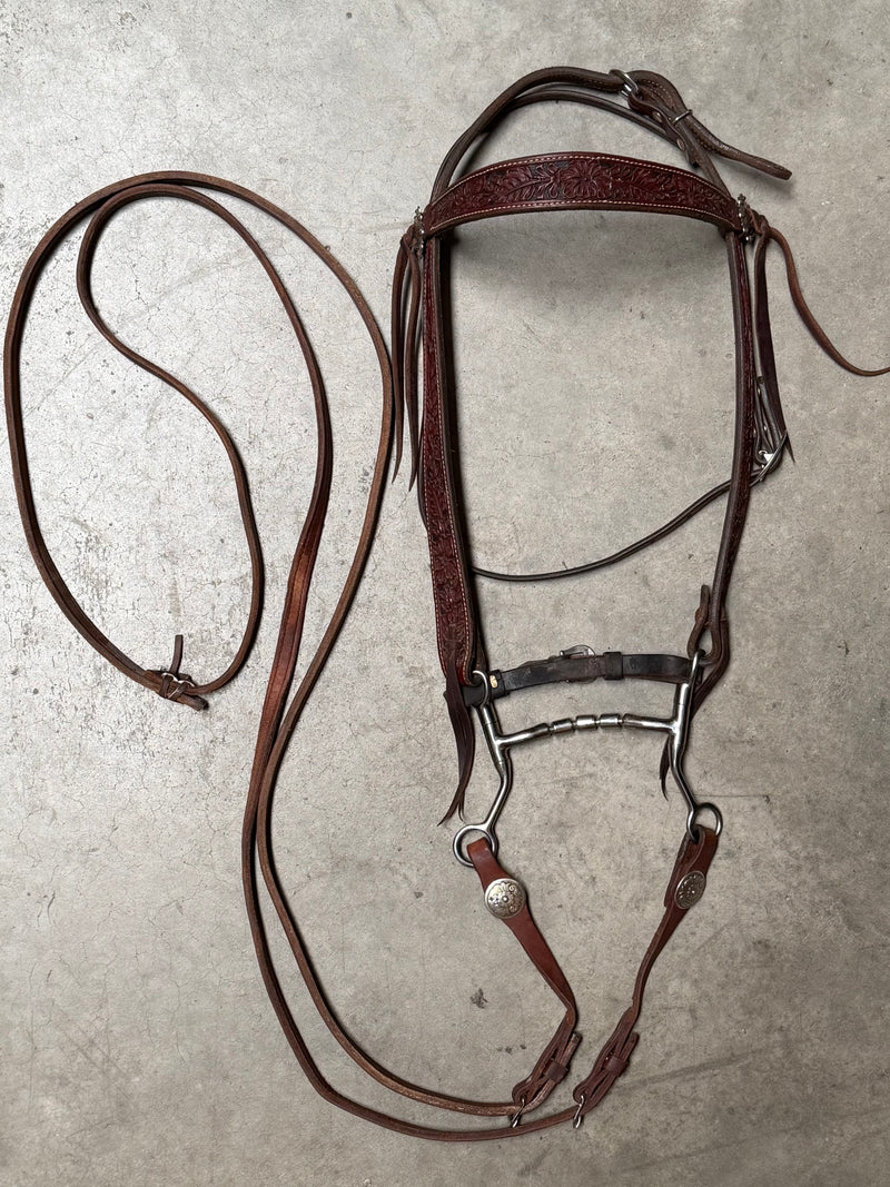 Load image into Gallery viewer, Used Bridle Set - Platte Valley Saddlery Floral Tooled Browband, TOKLAT Mylers Mullen Triple Barrel Bit, Buckaroo Reins
