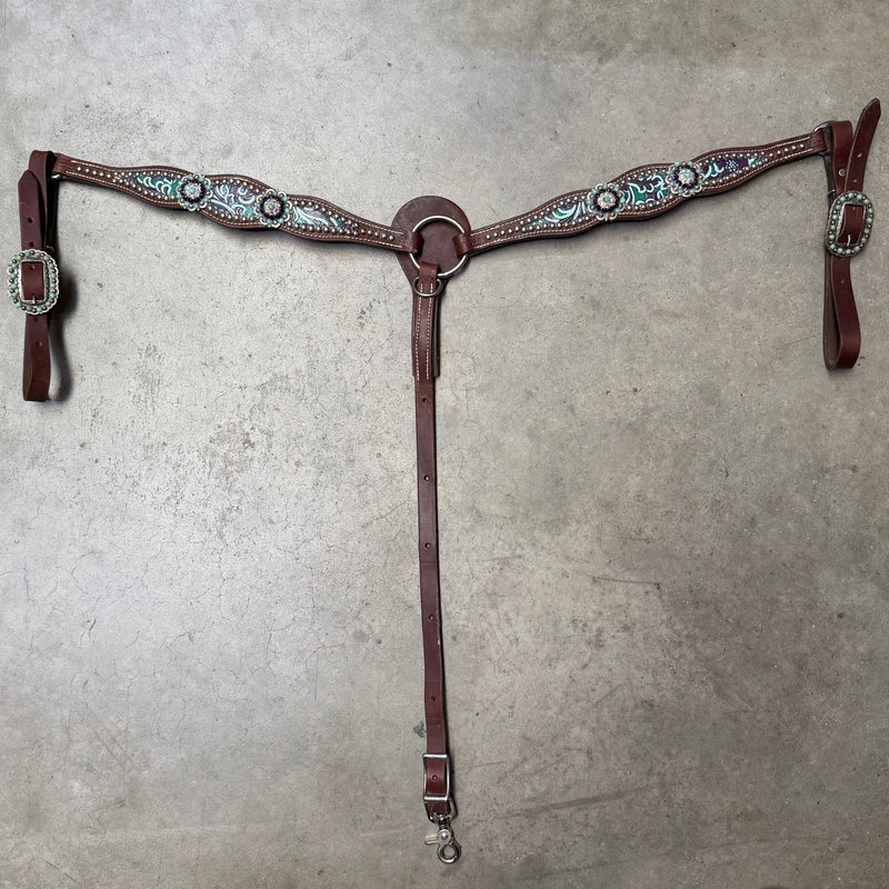 Load image into Gallery viewer, Used Painted Embossed w/ Dots &amp; Conchos Breast Collar - 1" - Purple/Turquoise
