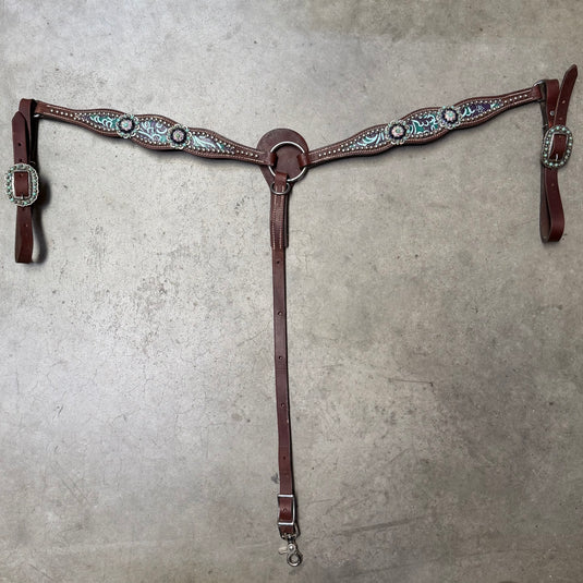 Used Painted Embossed w/ Dots & Conchos Breast Collar - 1" - Purple/Turquoise