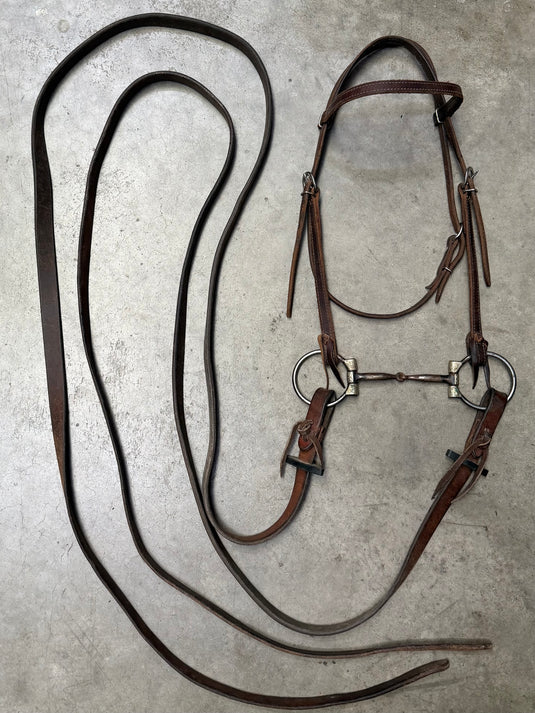 Used Bridle Set - Clinton Anderson Browband, Silver Overlay Dee Ring Smooth Snaffle Bit, Split Reins with Rein Stops