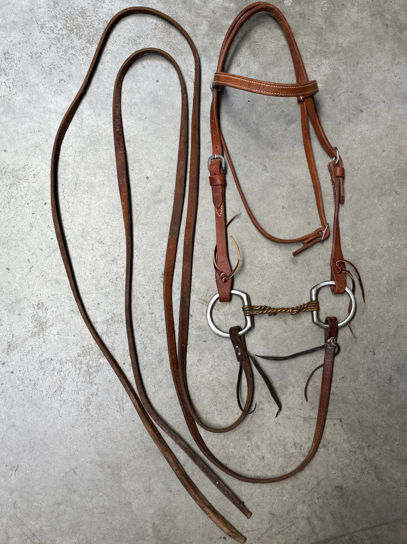 Load image into Gallery viewer, Used Bridle Set - Herschberger Browband, D-Ring Double Twisted Copper Wire Snaffle Bit, Split Reins

