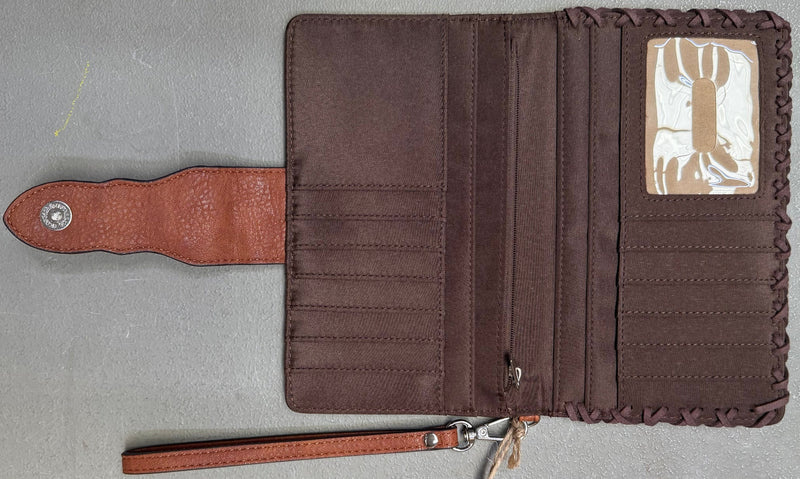 Load image into Gallery viewer, Catchfly Tan w/ Turquoise Floral Emboss Concho Slim Wallet
