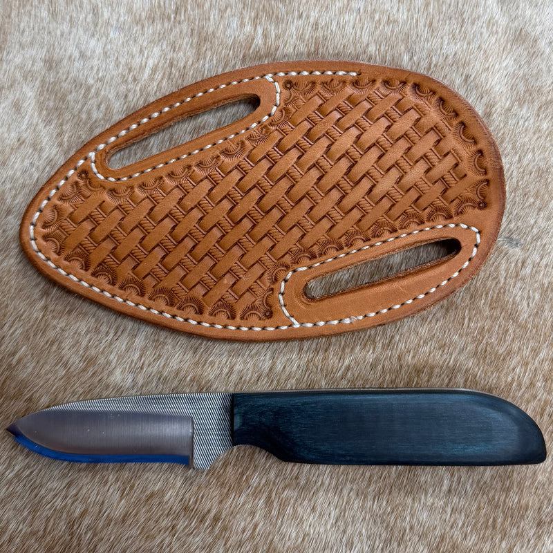 Load image into Gallery viewer, Sacred Heart Teal Wood Handle Knife &amp; Basketweave Sheath - Right Draw
