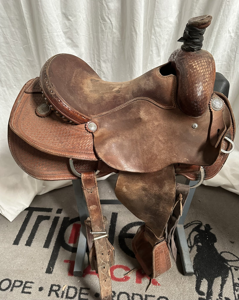 Load image into Gallery viewer, Used J. Stead 1/2 Basket Team Roper Saddle 14"
