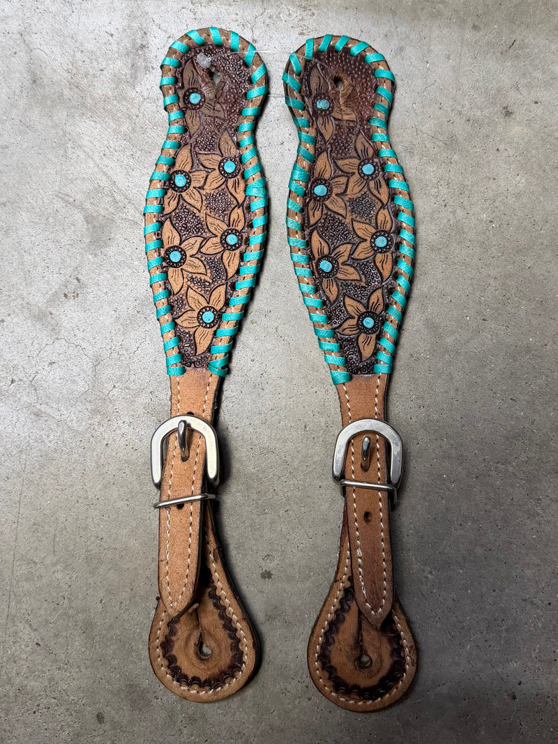 Load image into Gallery viewer, Used Painted Floral Spur Straps with Whipstitch - Brown/Teal
