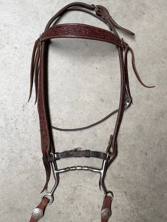 Used Bridle Set - Platte Valley Saddlery Floral Tooled Browband, TOKLAT Mylers Mullen Triple Barrel Bit, Buckaroo Reins