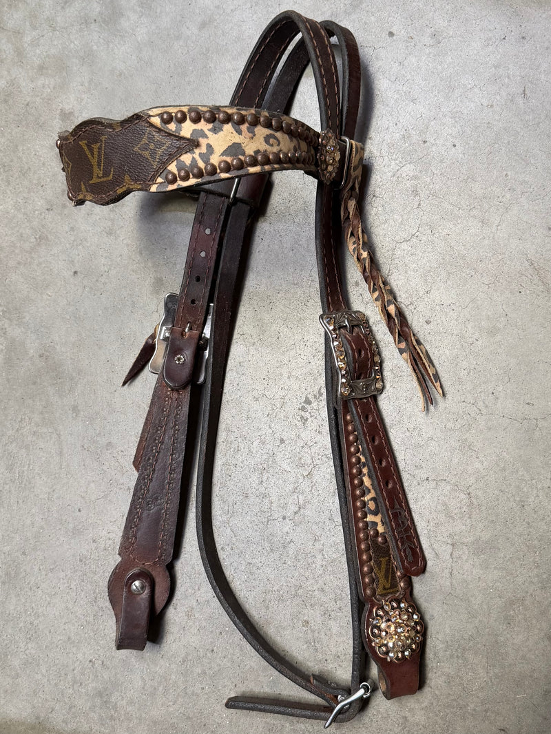 Load image into Gallery viewer, Used Louis Vuitton &amp; Leopard Browband Headstall w/ Fringe
