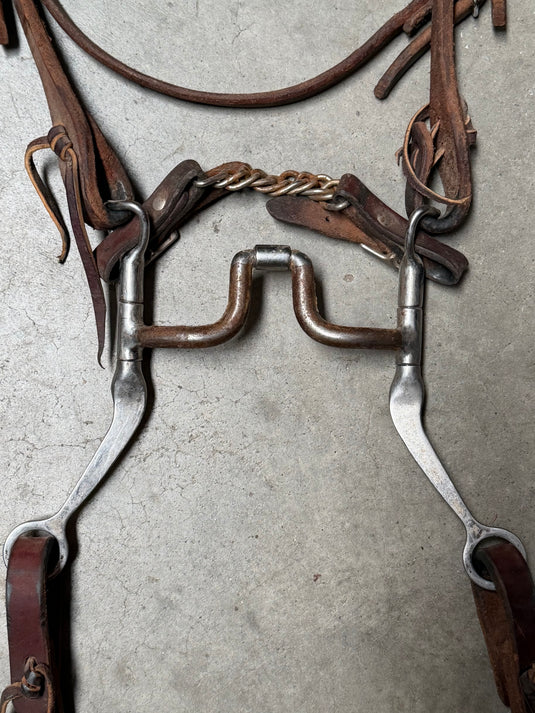 Used Bridle Set - Futurity Browband, USA Mylers Medium Wide Ported Barrel Bit, Split Reins