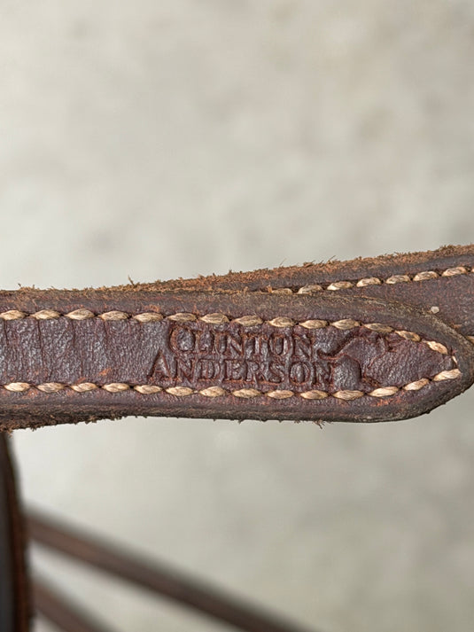 Used Bridle Set - Clinton Anderson Browband, Silver Overlay Dee Ring Smooth Snaffle Bit, Split Reins