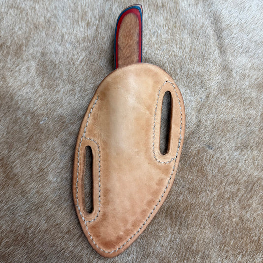 Sacred Heart Red/Blue/Wood Handle Knife & Basketweave Sheath - Left Draw