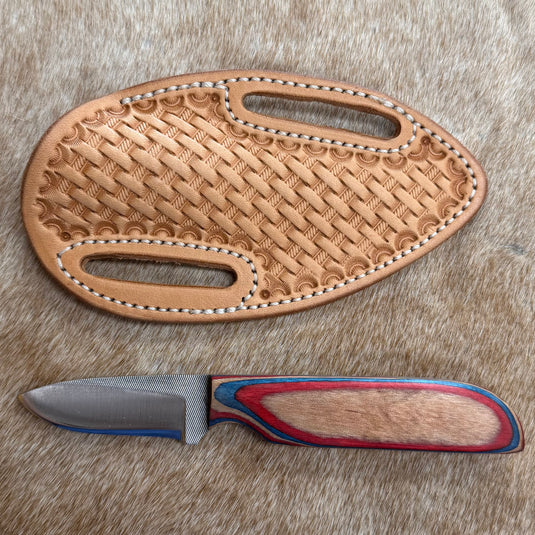 Sacred Heart Red/Blue/Wood Handle Knife & Basketweave Sheath - Left Draw