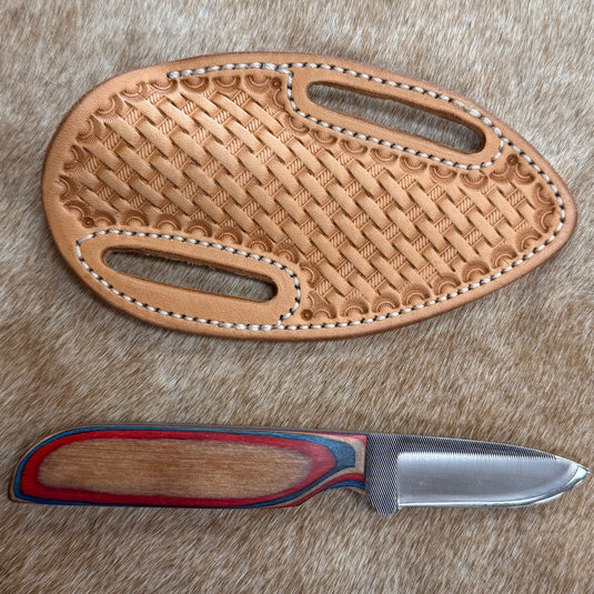 Sacred Heart Red/Blue/Wood Handle Knife & Basketweave Sheath - Left Draw