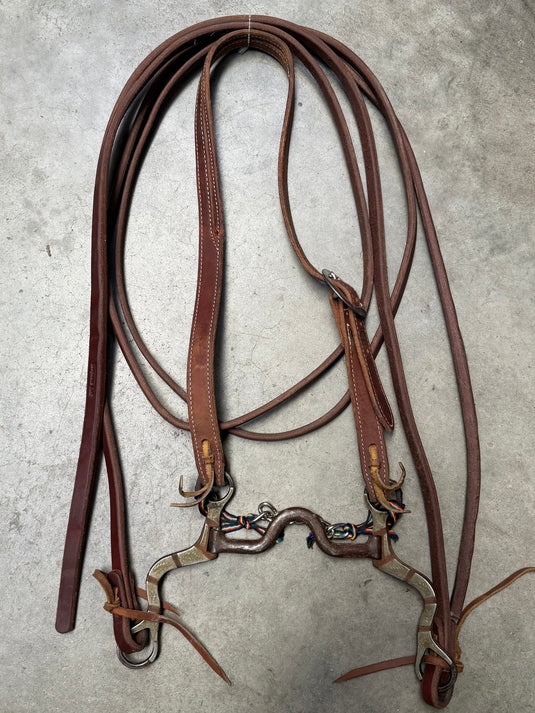 Used Slit Ear Headstall, W.J. Swerczek Bit, Cowperson Tack Weighted End Split Reins