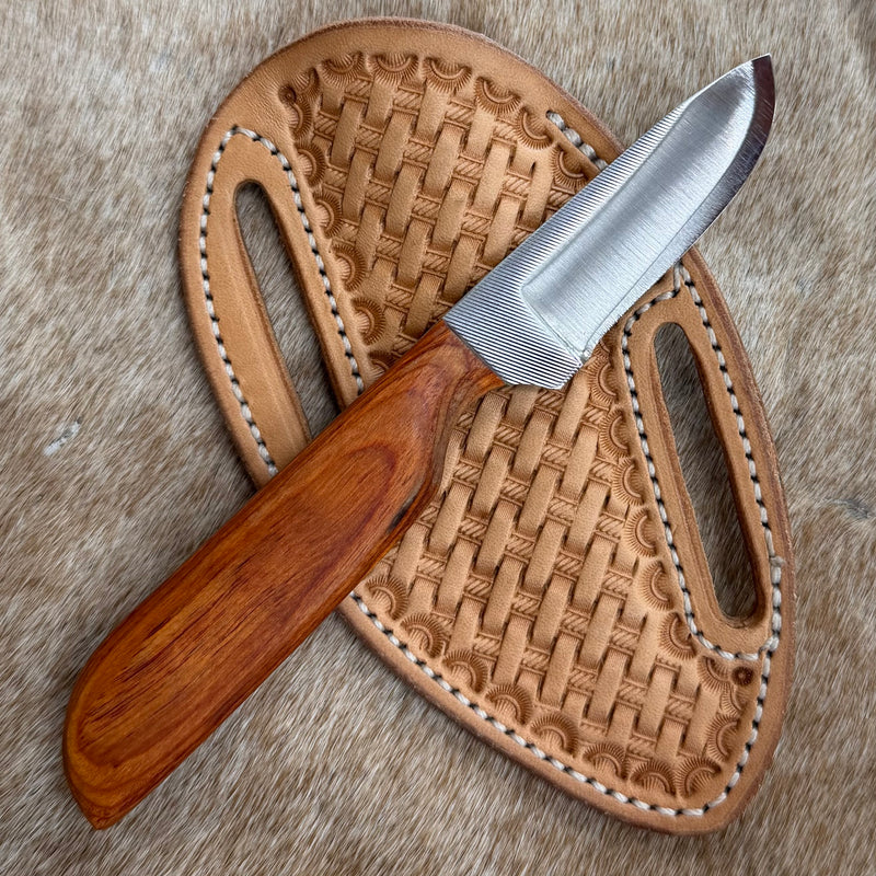 Load image into Gallery viewer, Sacred Heart Orange Wood Handle Knife &amp; Basketweave Sheath - Left Draw
