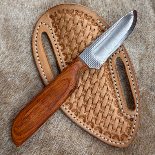 Sacred Heart Orange Wood Handle Knife & Basketweave Sheath - Left Draw