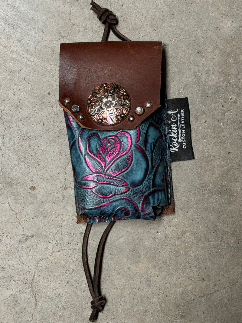 Load image into Gallery viewer, Used Rockin’ A Custom Leather Powder Holder - Turquoise Embossed Pink Roses
