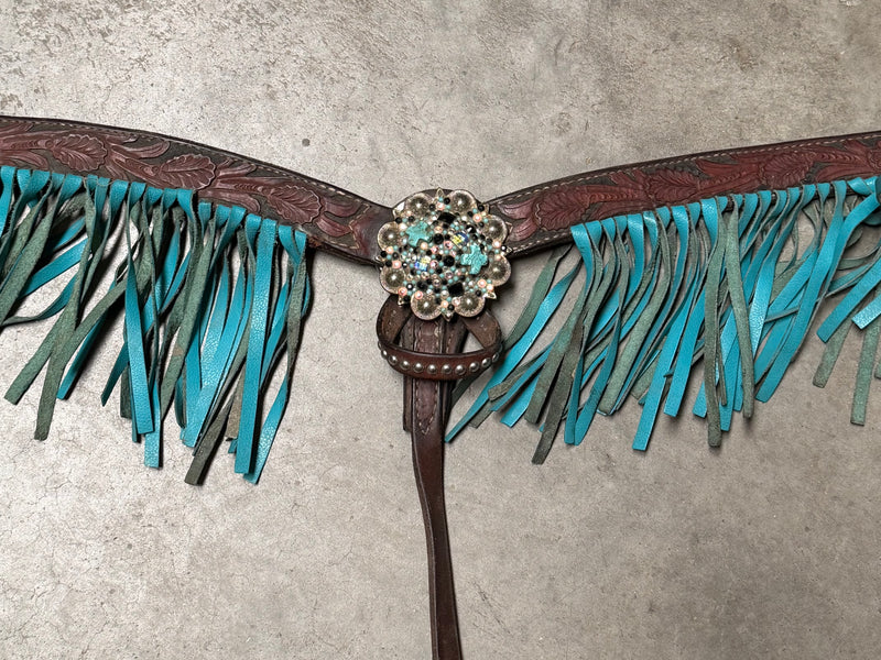Load image into Gallery viewer, Used Cactus Saddlery Tooled Breast Collar with Fringe - Turquoise
