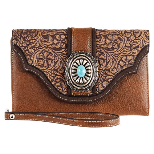 Justin Tan w/ Floral Emboss & Turquoise Stone Concho Slim Wallet