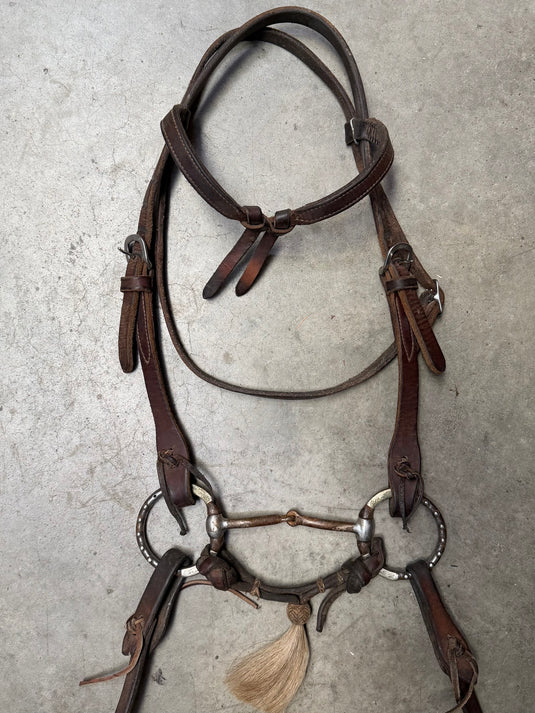 Used Bridle Set - Herschberger Futurity Browband, Silver Overlay & Dots Eggbutt Smooth Snaffle Bit, Split Reins