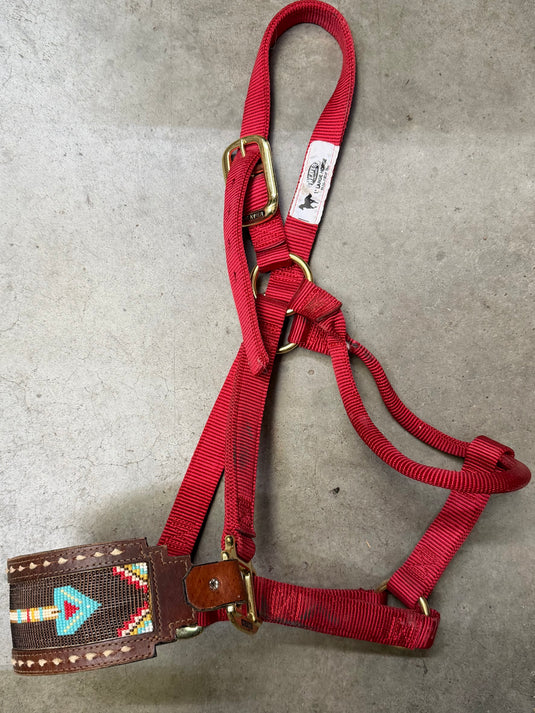 Used Nylon Halter w/ Beaded Inlay Leather Nose - Red - Avg