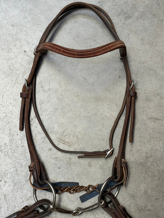 Used Bridle Set - Herschberger Browband, O-Ring Smooth Snaffle Bit, Heavy Split Reins