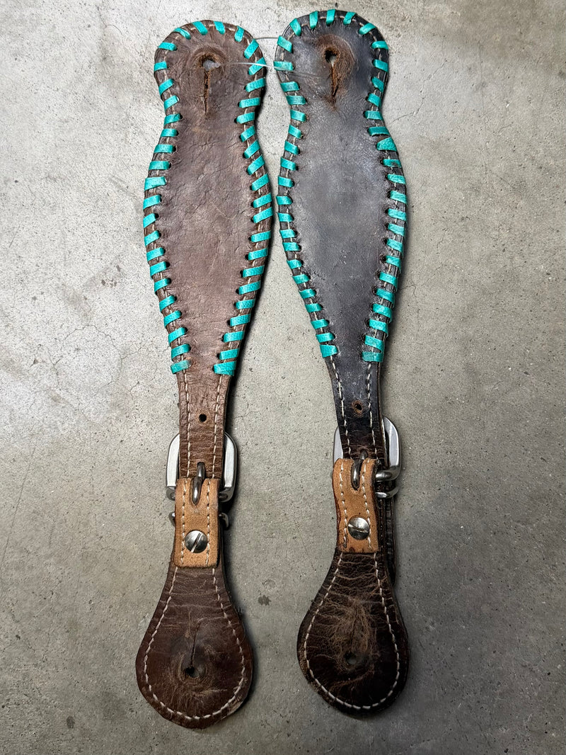 Load image into Gallery viewer, Used Painted Floral Spur Straps with Whipstitch - Brown/Teal
