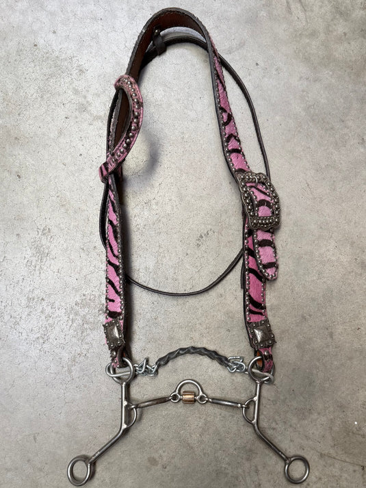Used Pink Zebra One Ear Headstall & JC