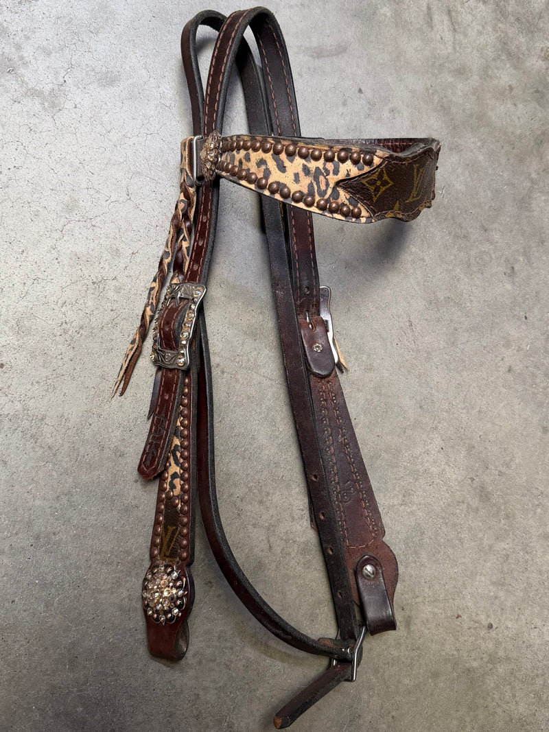 Load image into Gallery viewer, Used Louis Vuitton &amp; Leopard Browband Headstall w/ Fringe
