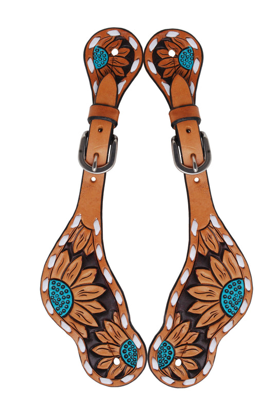 Rafter T Turquoise Sunflower Tooling & White Buckstitch Spur Straps - Women