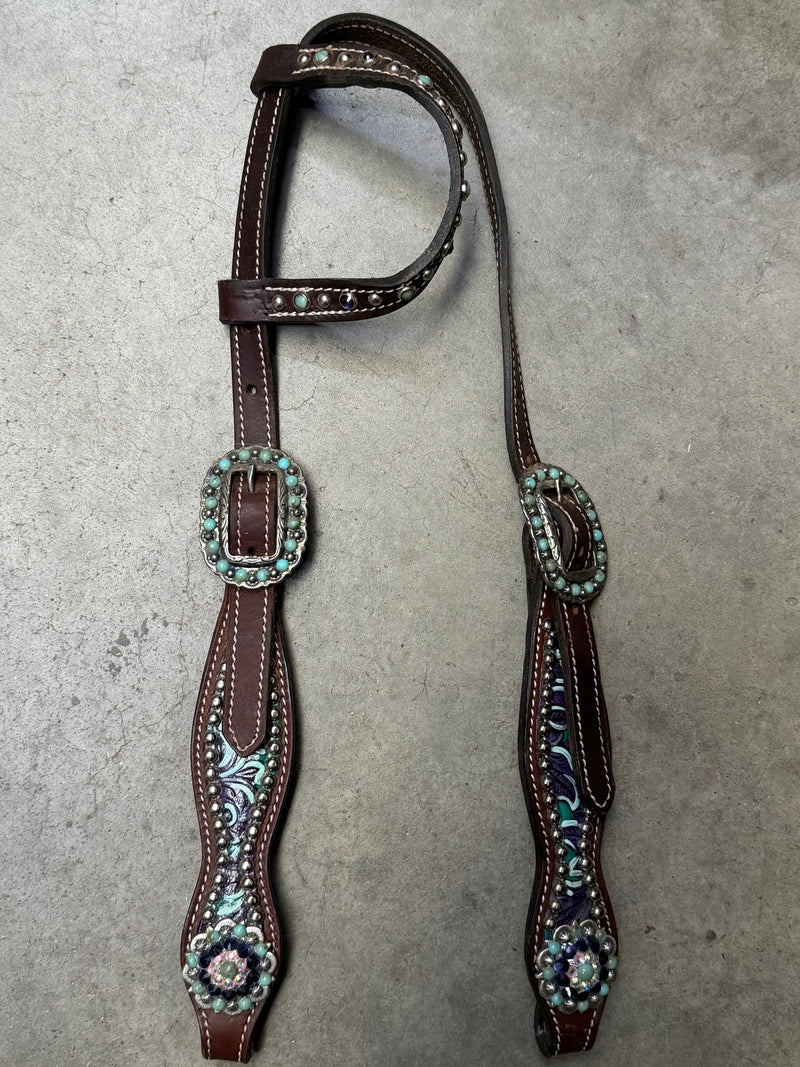Load image into Gallery viewer, Used Painted Embossed w/ Dots &amp; Conchos One Ear Headstall
