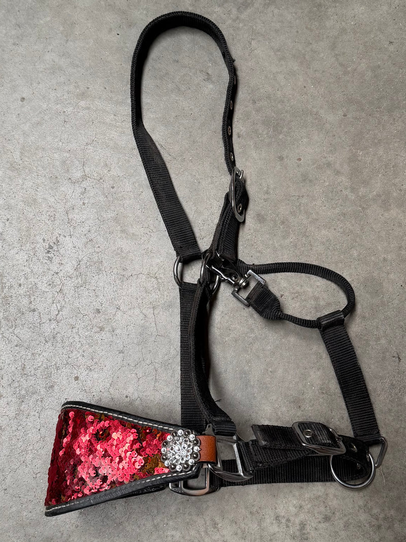 Load image into Gallery viewer, Used Wide Nose Black Nylon Halter - Conchos &amp; Red/Orange Sequins
