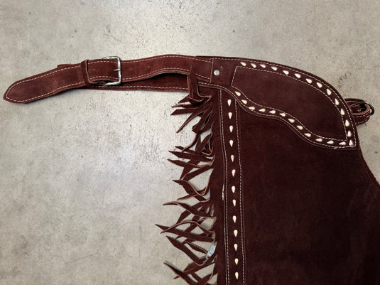 Used Chocolate Leather Show Chaps - Cream Buckstitch Inlay