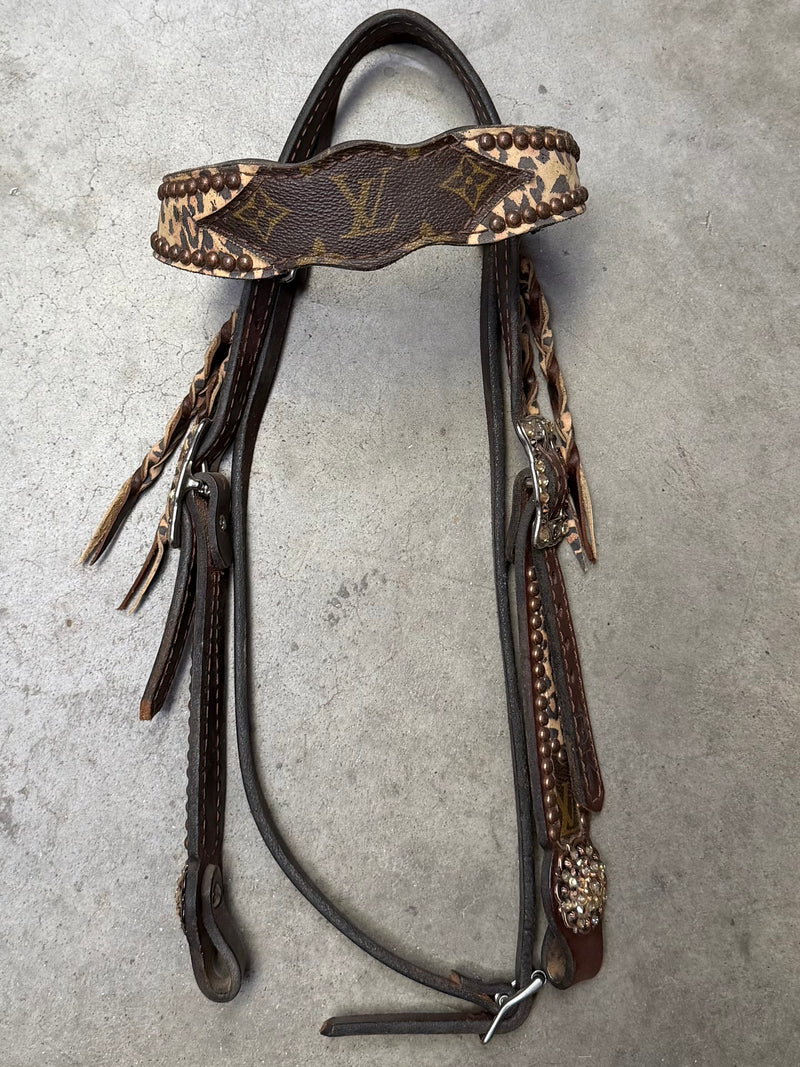 Load image into Gallery viewer, Used Louis Vuitton &amp; Leopard Browband Headstall w/ Fringe
