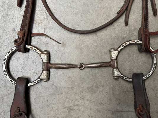 Used Bridle Set - Clinton Anderson Browband, Silver Overlay Dee Ring Smooth Snaffle Bit, Split Reins