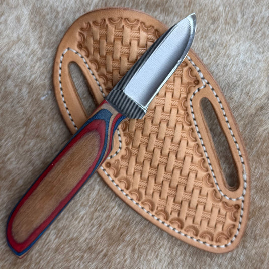 Sacred Heart Red/Blue/Wood Handle Knife & Basketweave Sheath - Left Draw