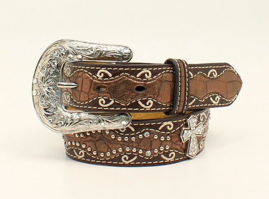 Ariat 1-1/4" Metalic Crocodile & Cross Belt - Brown