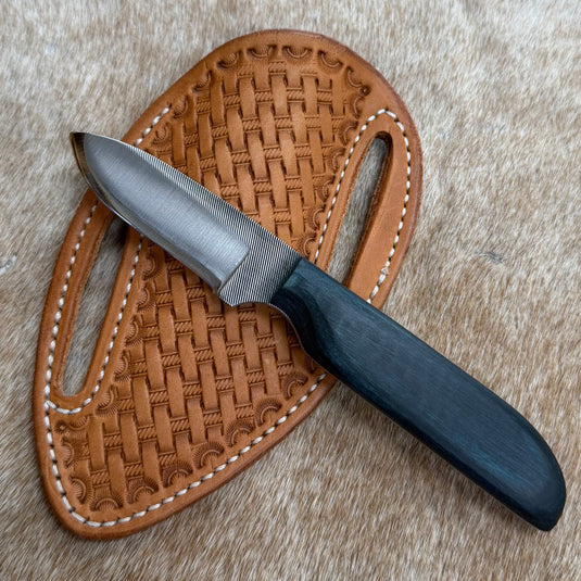 Sacred Heart Teal Wood Handle Knife & Basketweave Sheath - Right Draw