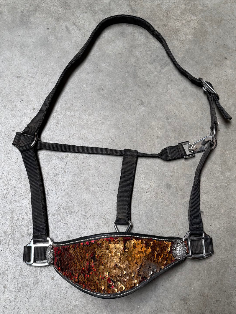 Load image into Gallery viewer, Used Wide Nose Black Nylon Halter - Conchos &amp; Red/Orange Sequins

