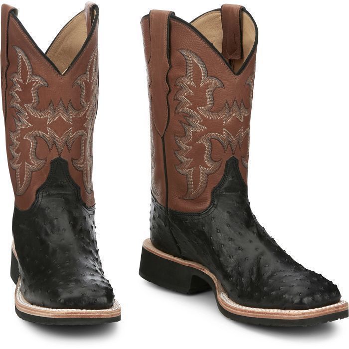 Load image into Gallery viewer, Justin 11" Drover Full Quill Ostrich Square Toe Boot - Black
