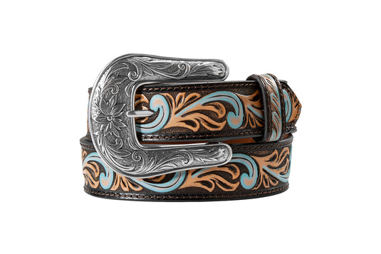 Angel Ranch 1-1/4" Girls Blue Accent Scroll Belt - Black